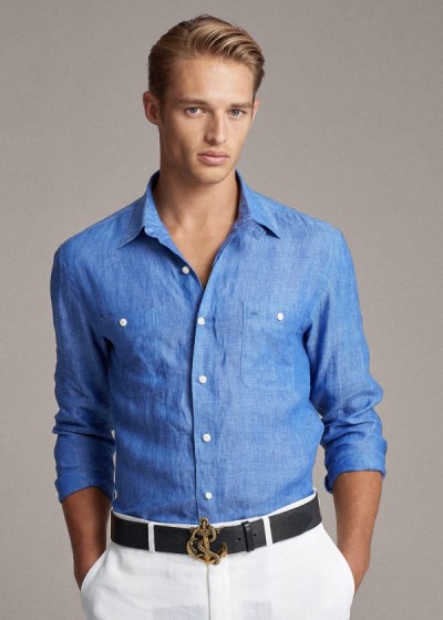 Camisa Ralph Lauren Hombre Azules - Linen Chambray - RPFEJ4185